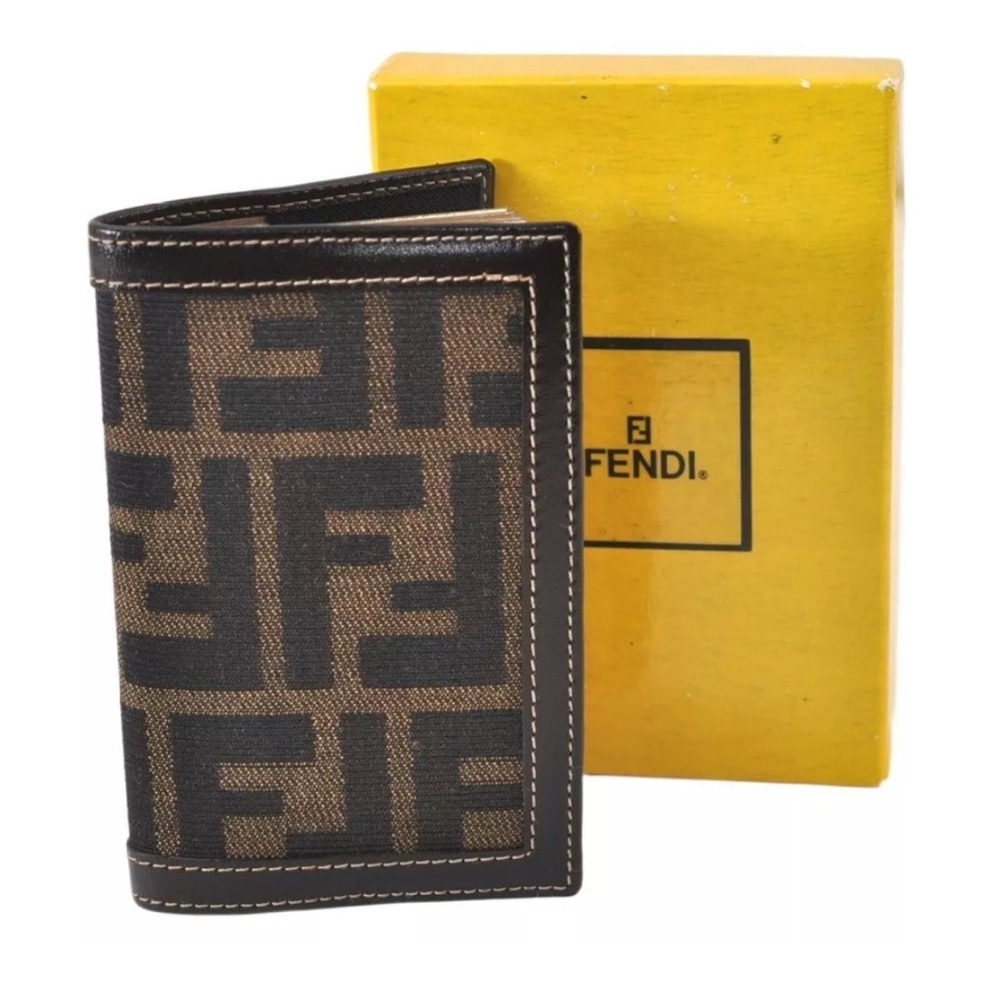 Authentic FENDI Zucca Agenda Notebook Cover Purse Canvas Leather Brown Box